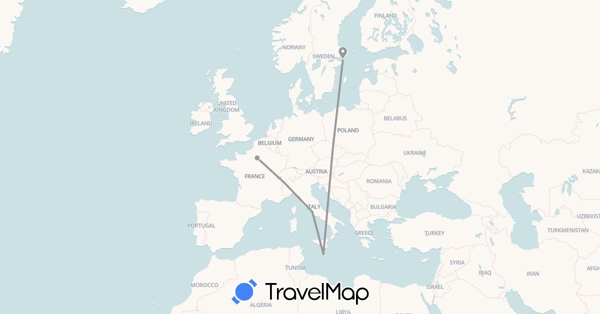 TravelMap itinerary: driving, plane in France, Italy, Malta, Sweden (Europe)